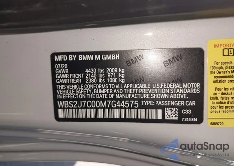 2021 BMW M2 Competition z USA, uszkodzony, nr VIN WBS2U7C00M7G44575